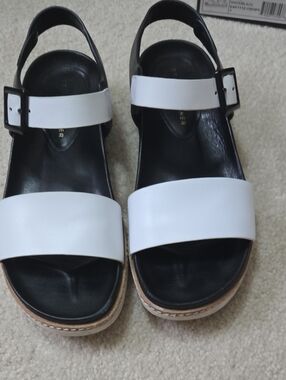 Etienne Aigner Black and White Two-Band Slingback Sandals